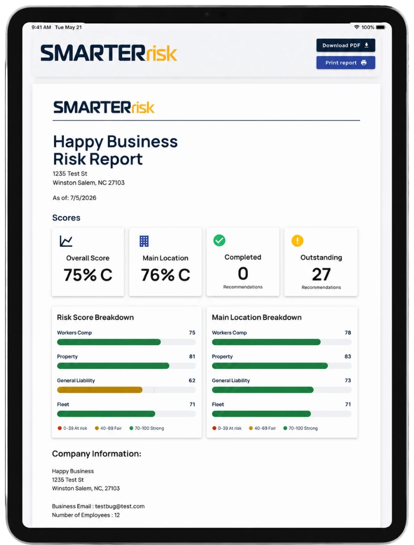 SmarterRisk Risk Report on an iPad — scores, breakdowns, and recommendations