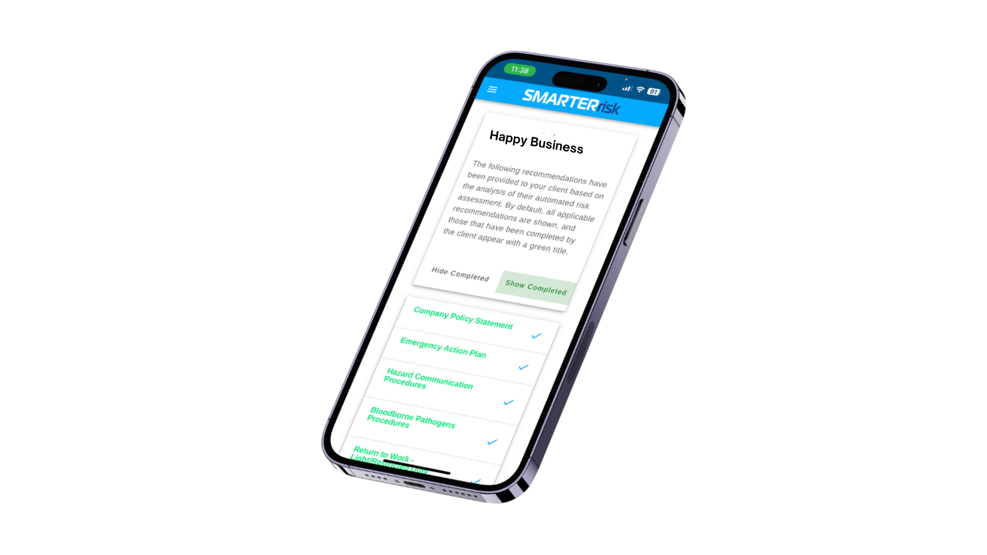 Smartphone displaying Smarter Risk app for carriers